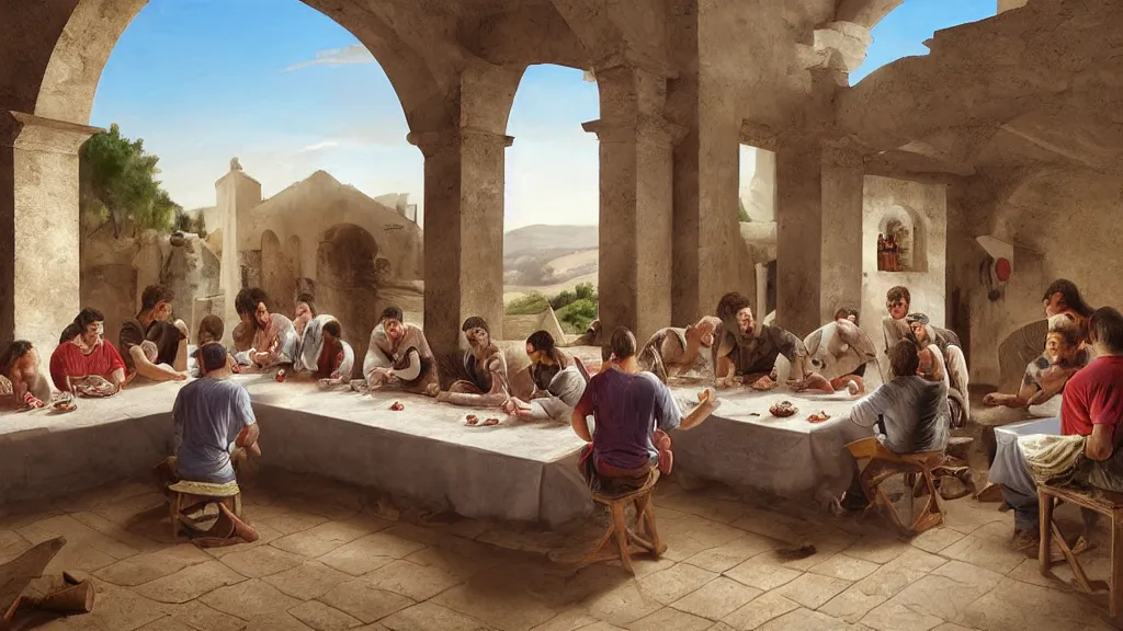 Prompt: soccer players seating in the scene of the last supper, under the porch of a typical portuguese house, with typical alentejo landscape in the back, sunny morning, matte painting, oil canvas, photorealistic illustration, extreme detail, hyper realistic, highly detailed, digital art