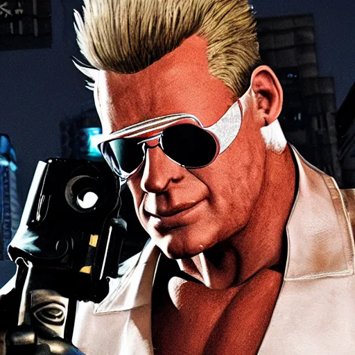 Image similar to [UHD candid photo of Duke Nukem on the streets of dystopian Las Vegas, correct face, accurate details, graphic detail, sharp focus by Annie Leibowitz]