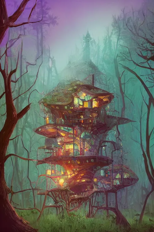 Prompt: a ramshackle multistory fairytale hut in the forest by Petros Afshar