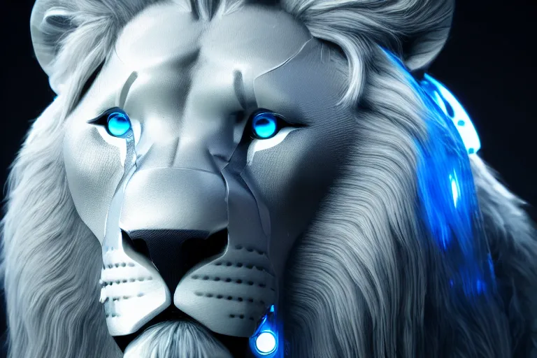 Image similar to lion, futuristic, cybernetic, metal, white blue grey, octane render, studio light, designed by apple
