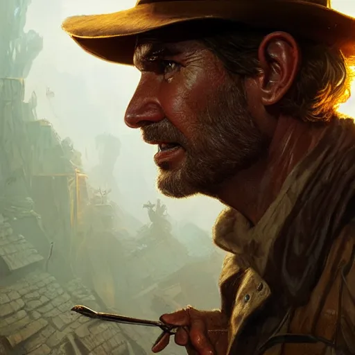 Image similar to indiana jones, highly detailed, illustration, fantasy art, in the style of greg rutkowski, epic, fantasy, intricate, hyper detailed, artstation, concept art, smooth, sharp focus, ray tracing