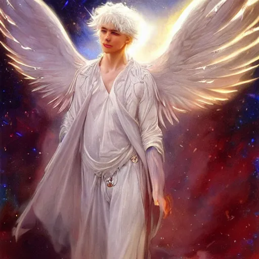 Image similar to harmony of white haired angel yoongi wearing greek clothes, muted colors, sparkles everywhere, big wings, dynamic hair movement, dynamic pose, holographic space, glowing effect, j. c leyendecker, by alan lee, wlop! illustrated by starember, fantasy art by craig mullins