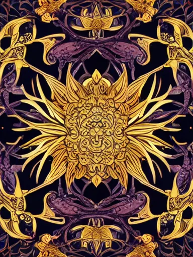 Prompt: golden lotus flowers on dark background, ornamental, symmetry, color harmony, golden ratio, william morris, hokusai, trending on artstation, character design, detailed, intricate, hypermaximalist, elegant, ornate, luxury, elite, atmospheric, matte painting, wide shot, two heads