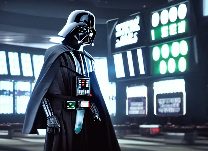 Image similar to film still of Darth Vader gambling in Vegas in the new Star Wars movie, 4k