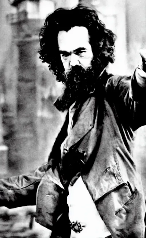 Prompt: full 70s action movie poster with Karl Marx in kung fu pose, movie still 4k, grainy picture cinematic dramatic light