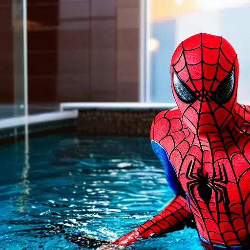 Image similar to spiderman swimming in a pool filled with spaghetti