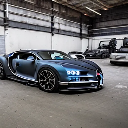 Image similar to an abandoned, derelict, rusty bugatti chiron in a dirty warehouse