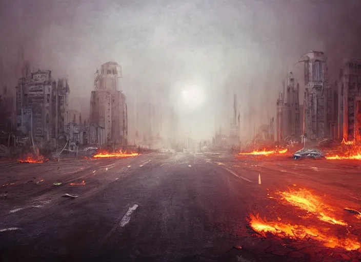 Prompt: cinematic foggy desolate ruined city in a dusty wasteland, ominous towering destroyed skyscraper ruins, destroyed buildings apocalypse, dystopian ashy mists underlit, gloomy oppressive muted blue hue with flickers of burning fire in streets, 8 k, depressing end of world atmosphere, reallistic oil painting, hyper reallistic, photo realism
