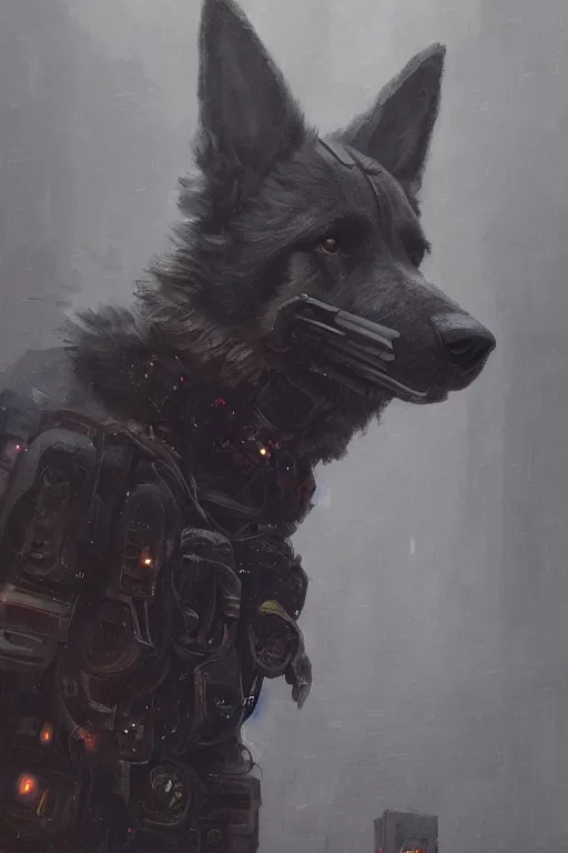 Image similar to new york city portrait of furry anthro anthropomorphic german shepard head animal person fursona wearing clothes strange cybernetic augmentations cyber muzzle gloomy rainy cyberpunk digital art by Greg Rutkowski, Simon Stalenhag, trending on Artstation, CGSociety