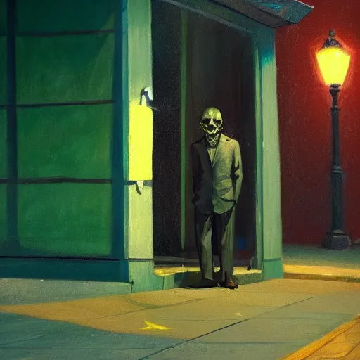 Image similar to a detailed portrait of a lonely man with a skull as his head waiting for the bus at night, green dramatic and cinematic light from the streetlight, the background is the sky full of stars, in the style of edward hopper, 4 k,