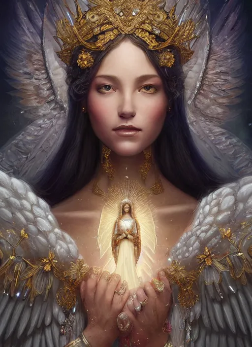 Image similar to A beautiful digital painting of a female Seraphim full of jewels, princess, the moon behind her, intricate, cinematic lighting, highly detailed, digital painting, Artstation, concept art, smooth, sharp focus, illustration, art by Tom Bagshaw, Artgerm and Greg Rutkowski