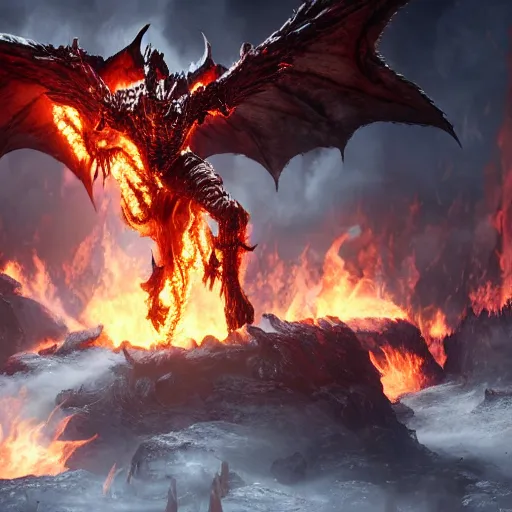 Image similar to 4k unreal engine render of Deathwing spreading his fire in a epic way, dynamic lighting, stunning visuals, cinematic, ultra detailed, trending on art station, fantasy concept art