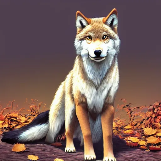 Prompt: professional stylized digital art of a full - body profile of a light brown tibetan wolf, tan accents, fluffy, falling leaves, hd, 8 k, highly detailed, high quality, cute