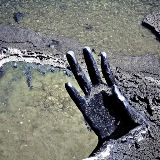 Prompt: A giant black stone hand reaching out from a city sized sinkhole. Dark. Jagged.