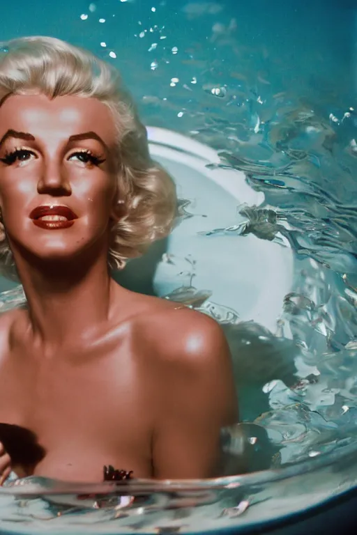 Prompt: film still of marlin monroe floating in a glass tank asleep whilst scientists observe from outside, vibrant high contrast, octane, arney freytag, cinematic, glamorous, backlit, rim lighting, 8k