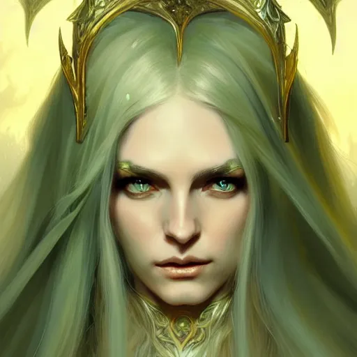 Image similar to Portrait of serious female elven priest, D&D, green eyes, face, long blonde hair, demon wings, fantasy, intricate, elegant, highly detailed, digital painting, artstation, concept art, smooth, sharp focus, illustration, art by artgerm and greg rutkowski and alphonse mucha