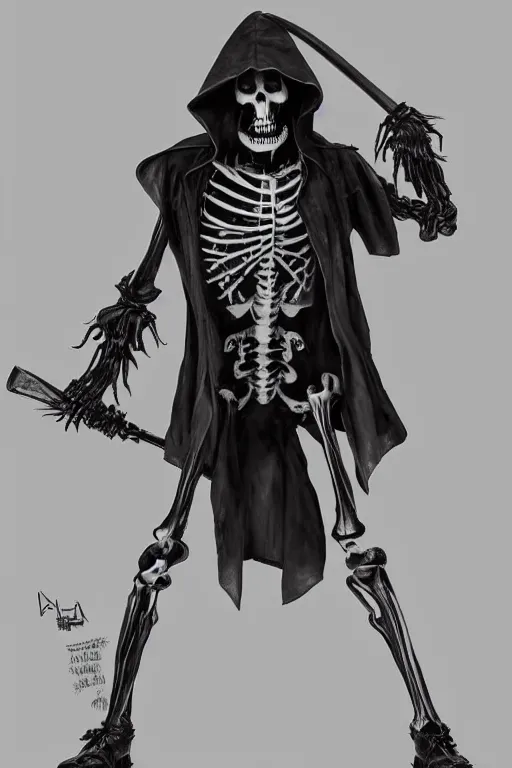 Prompt: a full body shot of a Grim Reaper by Tomohiro Shimoguchi, skeleton face,wears shorts, destroyed hat ,highly detailed, trending on artstation,manga
