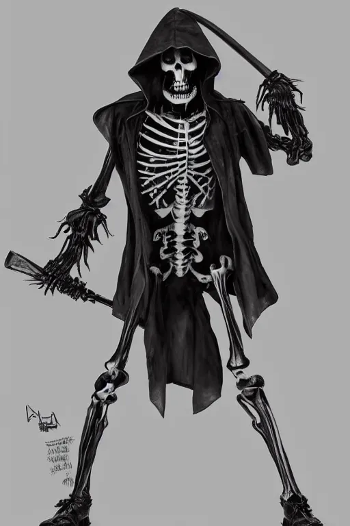 an illustration of grim reaper, full body, relaxing in