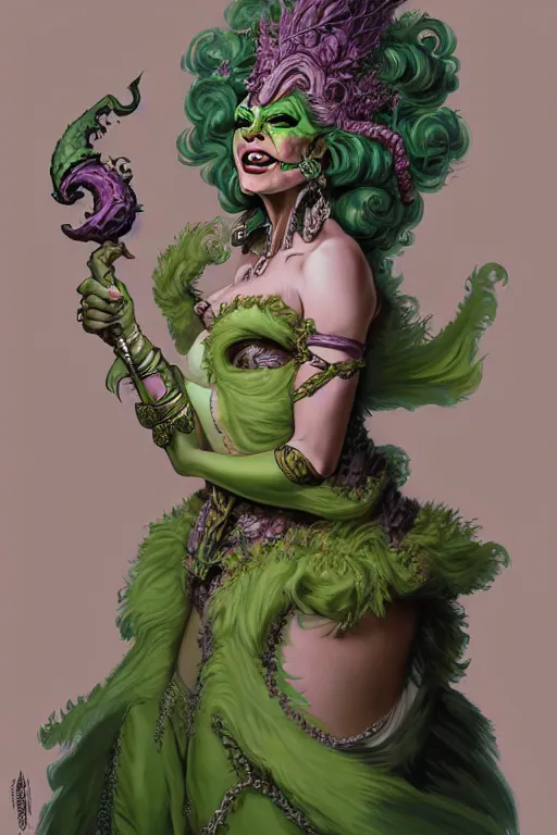Prompt: d&d character artwork of a green-skinned orc drag queen wearing a frilly rococo ballgown and wearing a huge rococo powdered wig, rococo fashion, D&D, fantasy, highly detailed, digital painting, artstation, smooth, sharp focus, illustration, art by artgerm and greg rutkowski and alphonse mucha