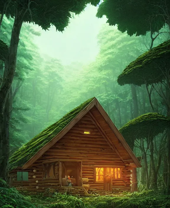 Prompt: a large, simple, cabin made from leaves, overgrown with huge exotic fungus, deep in the woods, sun drenched, partly cloudy, by dan mumford, yusuke murata, makoto shinkai, ross tran, cinematic, unreal engine, cel shaded, featured on artstation, pixiv