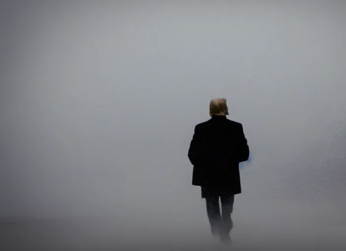 Prompt: screenshot from moody scene of Donald Trump in a foggy field entering the zone, scene from the film Stalker 1979 film directed by andrei tarkovsky, kodak film stock, anamorphic lens, 4K, film grain, detailed, stunning cinematography