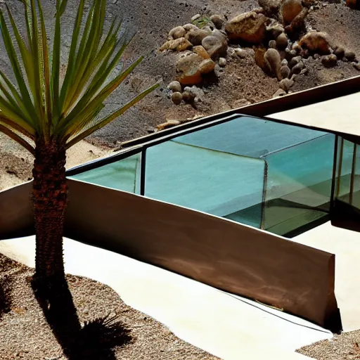 Prompt: hillside desert pavilion, metal, glass, stone, large overhangs, beautiful vistas with cacti, rectangular pool, rust, shadows, tall entry, 8k, realistic, photo,