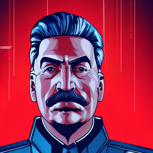 Image similar to cyberpunk joseph stalin as the leader of a futuristic communist society, cybernetics, sharp lines, digital, artstation, colored in