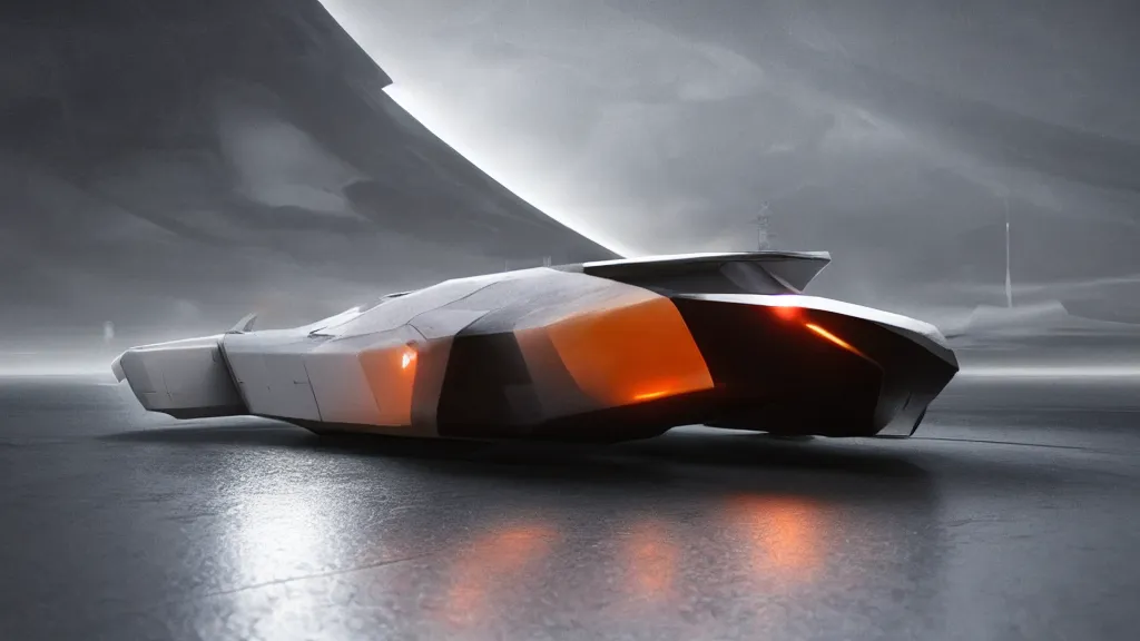 Image similar to a photorealistic dramatic hyperrealistic full frame render of a sleek futuristic interstellar spacecraft, ultra realistic details, glossy white metal, orange racing stripes, weathered surfaces, by vitaly bulgarov, mike nash, paul dave malla, greg rutkowski, beautiful dramatic dark moody tones and lighting, cinematic atmosphere, studio lighting, shadows, dark background, octane render, 8 k