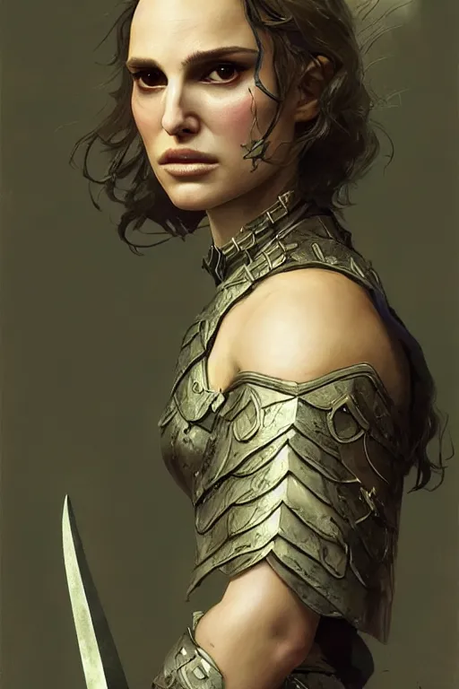 Image similar to natalie portman, legendary warrior, heroic, lord of the rings, tattoos, decorative ornaments, battle armor, by carl spitzweg, ismail inceoglu, vdragan bibin, hans thoma, greg rutkowski, alexandros pyromallis, perfect face, fine details, realistic shading photorealism