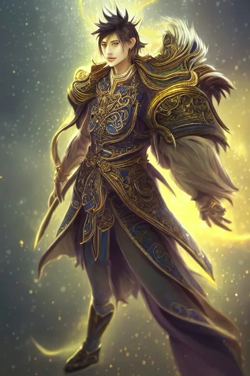 Prompt: fullbody portrait of a male fit hero with strange hairs, soft smile, baroque cloth, luminous scene, final fantasy and league of legends champion, by chengwei pan and sakimichan, gradient white to gold, in front of an iridescent magical building background, highly detailed portrait, digital painting, smooth, focus illustration