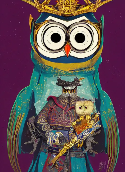 Prompt: arrogant medieval portrait of white owl with one giant eye dressed in samurai garment, pixiv fanbox, dramatic lighting, maximalist pastel color palette, splatter paint, pixar and disney exploded - view drawing, graphic novel by fiona staples and dustin nguyen, peter elson, alan bean, wangechi mutu, clean cel shaded vector art, trending on artstation