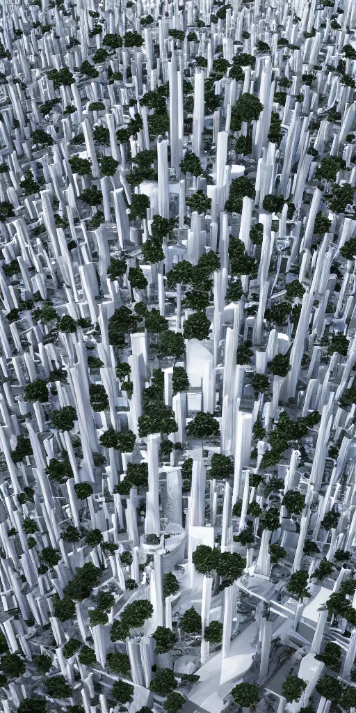 Prompt: a utopian city full of trees, minimal and clean, ando tadao, zaha hadid,
