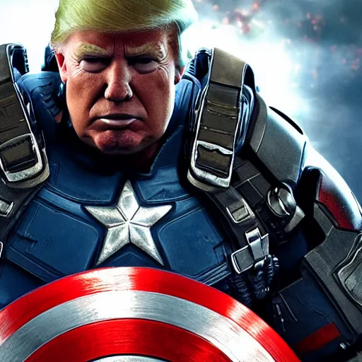 Image similar to Donald Trump as captain america in Gears of War, splash art, movie still, cinematic lighting, dramatic, octane render, long lens, shallow depth of field, bokeh, anamorphic lens flare, 8k, hyper detailed, 35mm film grain