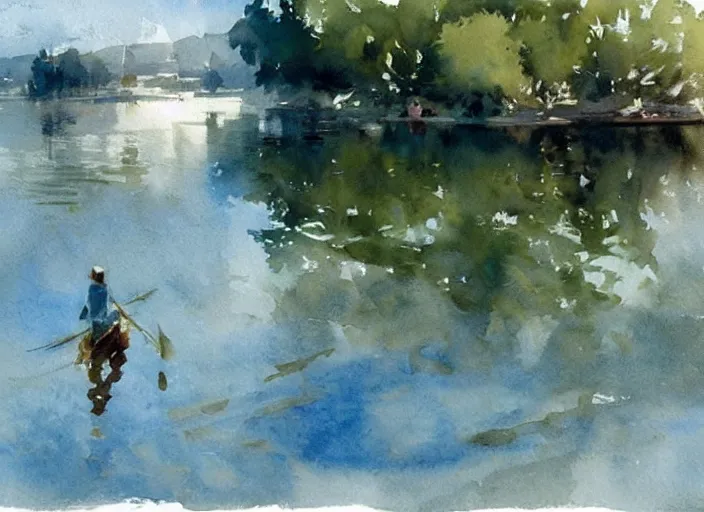 Image similar to watercolor painting of sunny summer morning, calm water, art by anders zorn, wonderful masterpiece by greg rutkowski, beautiful cinematic light, american romanticism by greg manchess, creation by tyler edlin, aquarelle