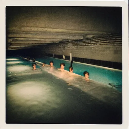 Image similar to underground hotel pool, surreal, polaroid, limimal,