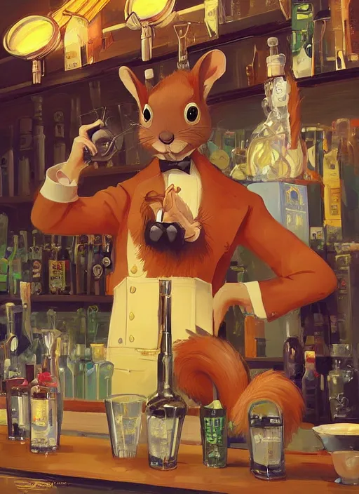 Prompt: squirrel anthro as a dapper bartender with a big, fluffy tail, retro futurism, art deco, detailed, painterly digital art by WLOP and Cory Loftis and Ilya Repin, 🐿🍸🍋, furaffinity, trending on artstation