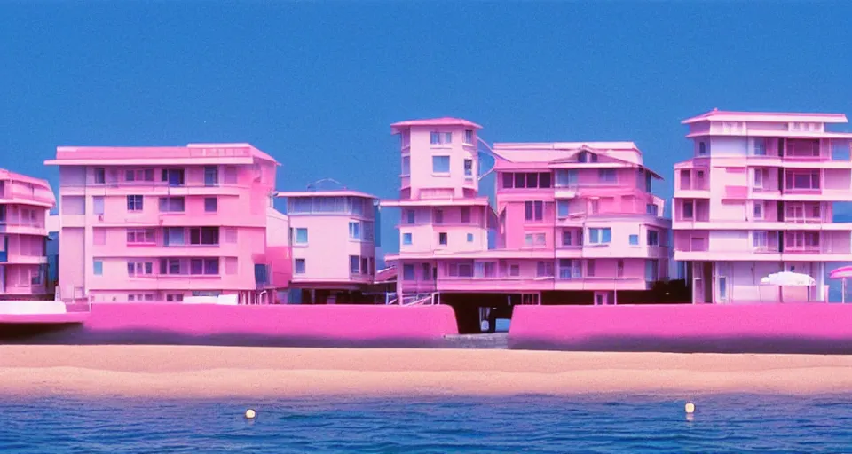 Prompt: retro seafront houses, pink filter, matte painting, hiroshi nagai