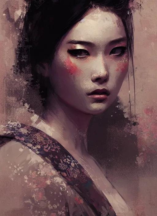 Image similar to female geisha girl, beautiful face, rule of thirds, intricate outfit, spotlight, by greg rutkowski, by jeremy mann, digital painting