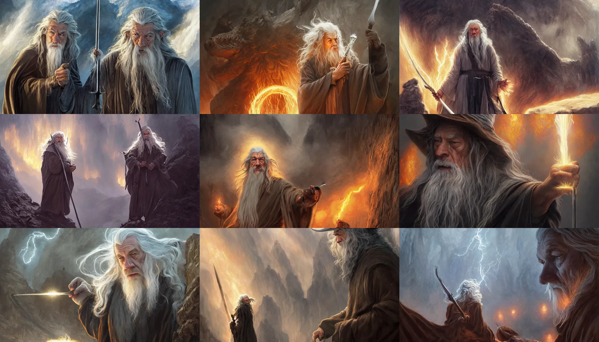 Prompt: gandalf!!!!!!!!!!!!!!! working in a highway tollbooth denying access to a balrog!, epic scene, epic lighting, intricate, detailed face, highly detailed, digital painting, artstation, art by artgerm and greg rutkowski and alphonse mucha