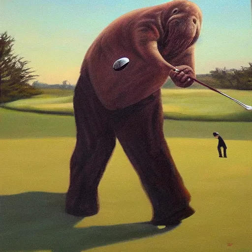 Prompt: oil painting of a bipedal walrus playing golf,