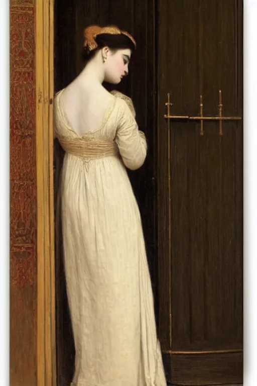 Prompt: lady in waiting by auguste toulmouche perfect detailed eyes, beautiful hands, pale skin, blonde hair, leaning on door, shift dress