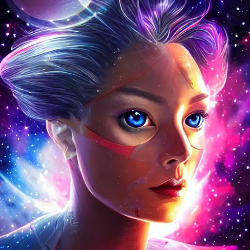 Prompt: geometric with galaxy eyes in space, nebula in the background, intricate, elegant, highly detailed, digital painting, artstation, concept art, smooth, sharp focus, illustration, art by artgerm