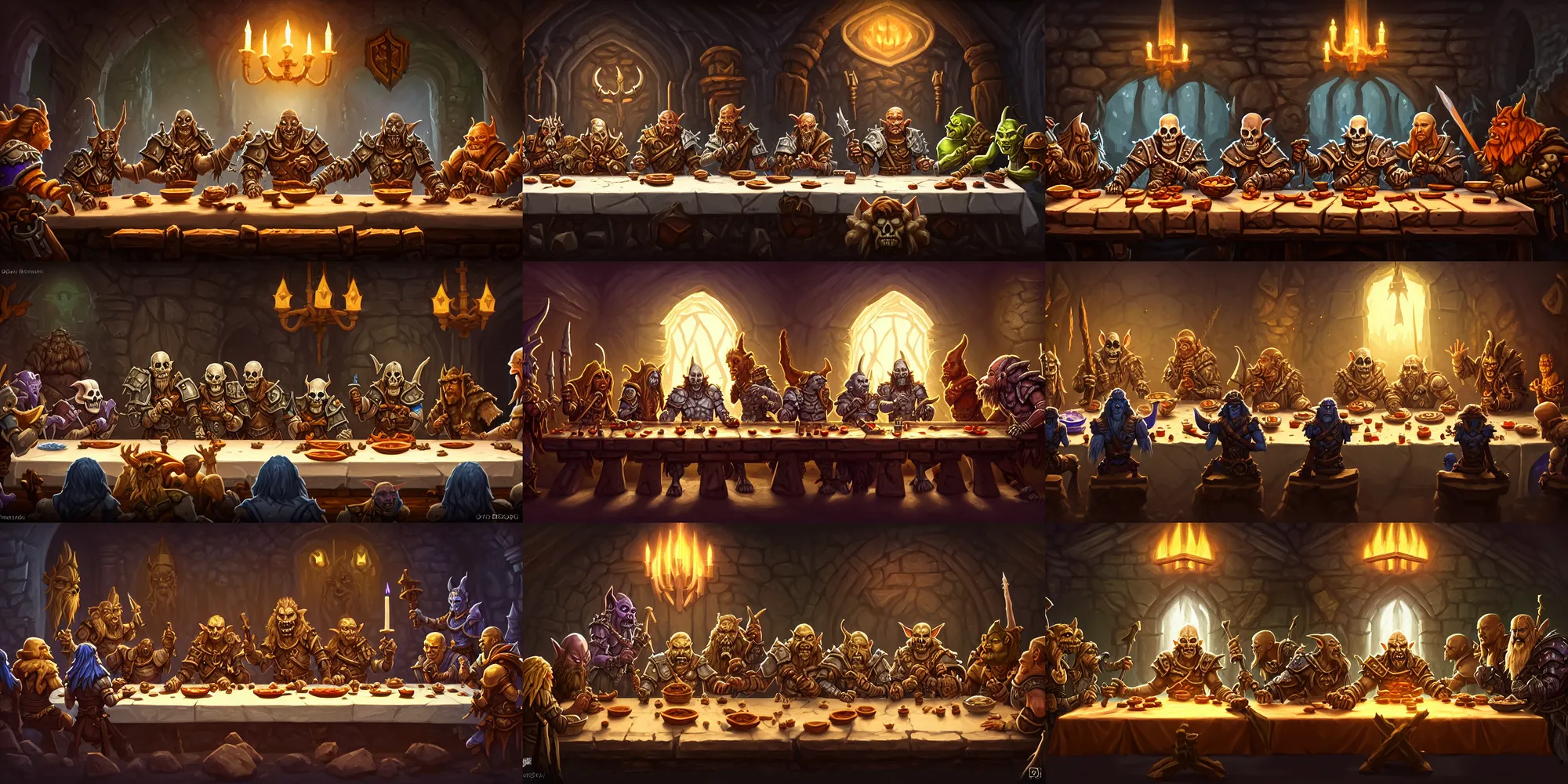 Prompt: still dnd last supper, symmetric, paladin at center, goblin, mage, skeleton, orc, troll, golem, 8 k, deep focus, d & d, fantasy, intricate, elegant, highly detailed, digital painting, artstation, concept art, matte, sharp focus, illustration, hearthstone, art by boris valejo