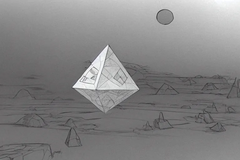Prompt: giant stone octahedron floating above the desert concept sketch by joe johnston and nilo rodis - jamero and ralph mcquarrie and norman reynolds