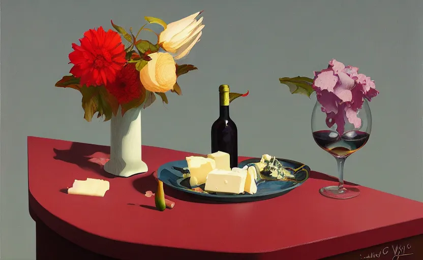 Image similar to an achingly beautiful still life featuring blooming flowers, tillamook cheese, and red wine , very coherent, painted by Edward Hopper, Wayne Barlowe, painted by James Gilleard, airbrush, art by JamesJean