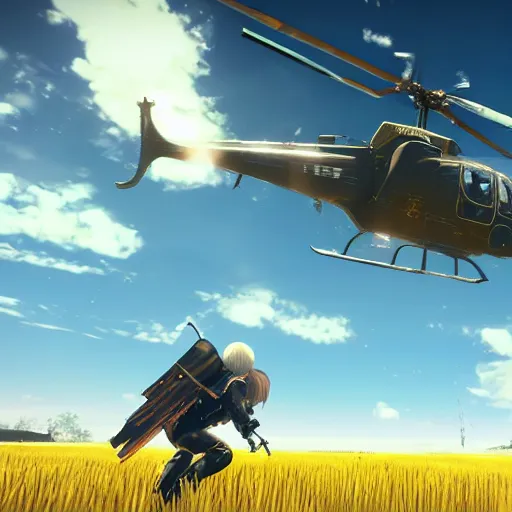 Image similar to a high resolution very detailed image of 9 s downing a helicopter in boss fight from nier : automata in yellow rye field under pure blue skies