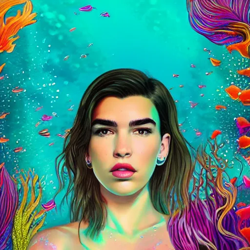 Image similar to Dua Lipa as a mermaid, underwater, colorfull, high detail, cinematic, digital art