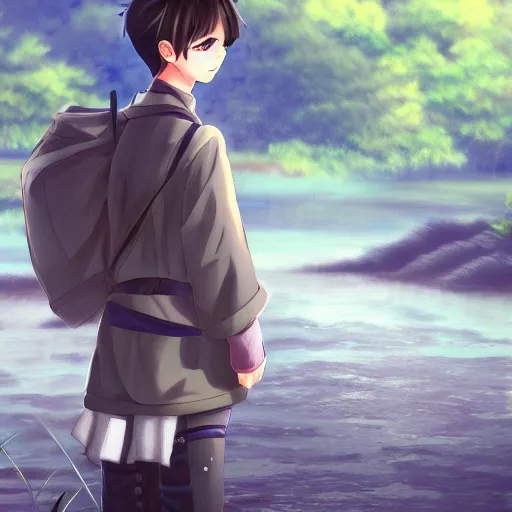Image similar to cute anime boy standing by a large river, digital art , highly detailed , high contrast, beautiful lighting, award winning , trending on art station, photorealistic, 8k