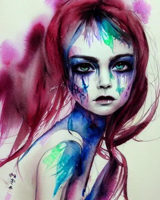 Image similar to pencil portrait with watercolor of a monster high doll, beautiful face, by sabrina eras, alice x. zhang, agnes cecile, blanca alvarez, very detailed