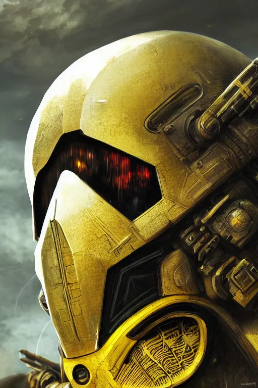 Image similar to ultra realist and ultra intricate detailed soft painting of a beautiful sci-fi armored male, helmet with holographic yellow skull over face, symmetry features, sensual gloomy style, volumetric clouds, cyberpunk burning building background, artstation, unreal render, depth of field